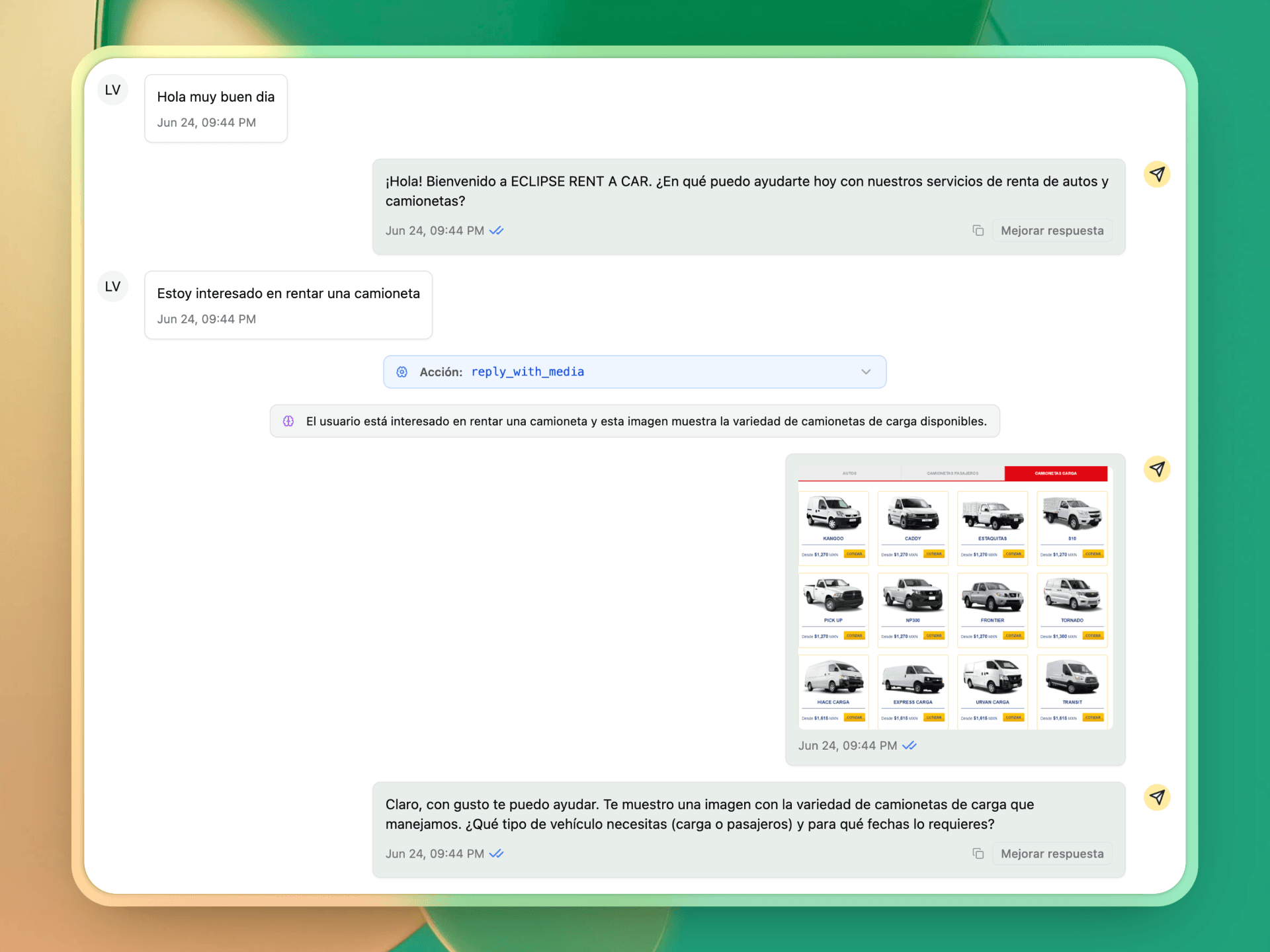 Ejemplo de conversación de Recado con cliente de Eclipserent